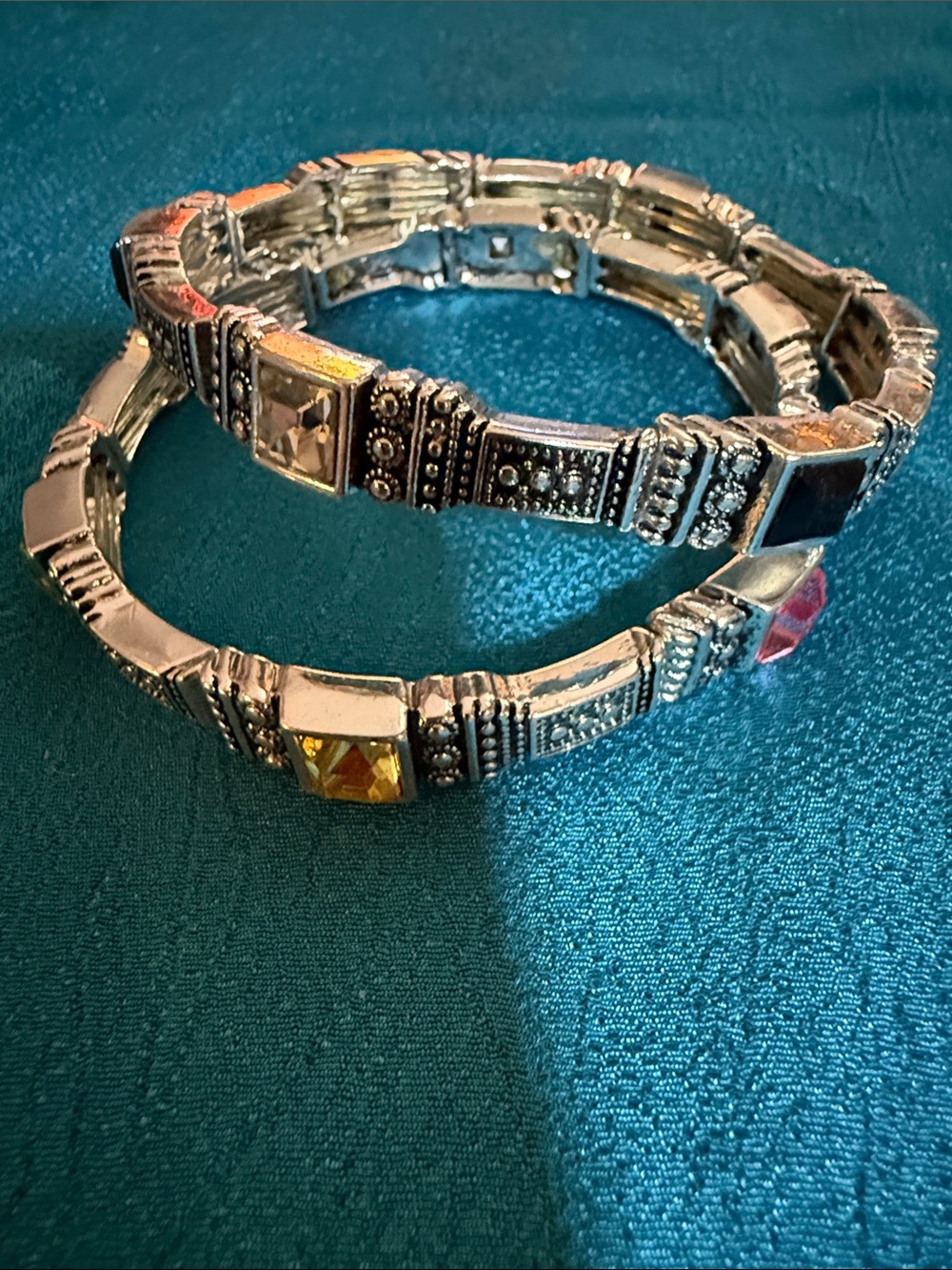 Silver-Tone Stretch Bracelet Set with Multicolor Gem Accents